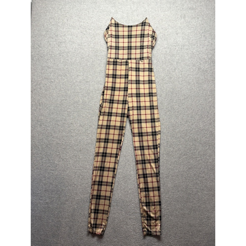 J J5359 Womens Plaid Sleeveless Catsuit Jumpsuit Tan Black Red Check Small
